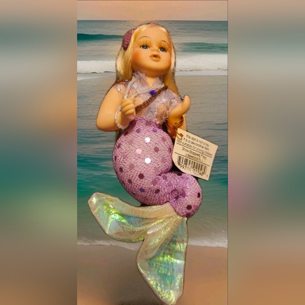 Little Mermaid Porcelain Doll Show Stopper Eyelashes Glass Beads Shells Sequin